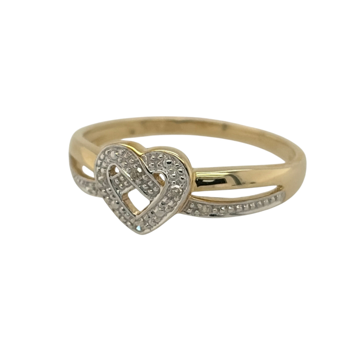 New 9ct Yellow and White Gold &amp; Diamond Heart Ring in various sizes with the approx weight 1.30 grams. There is 0.12ct of diamond content in the ring has approximate clarity i2-i3 and colour H - I
