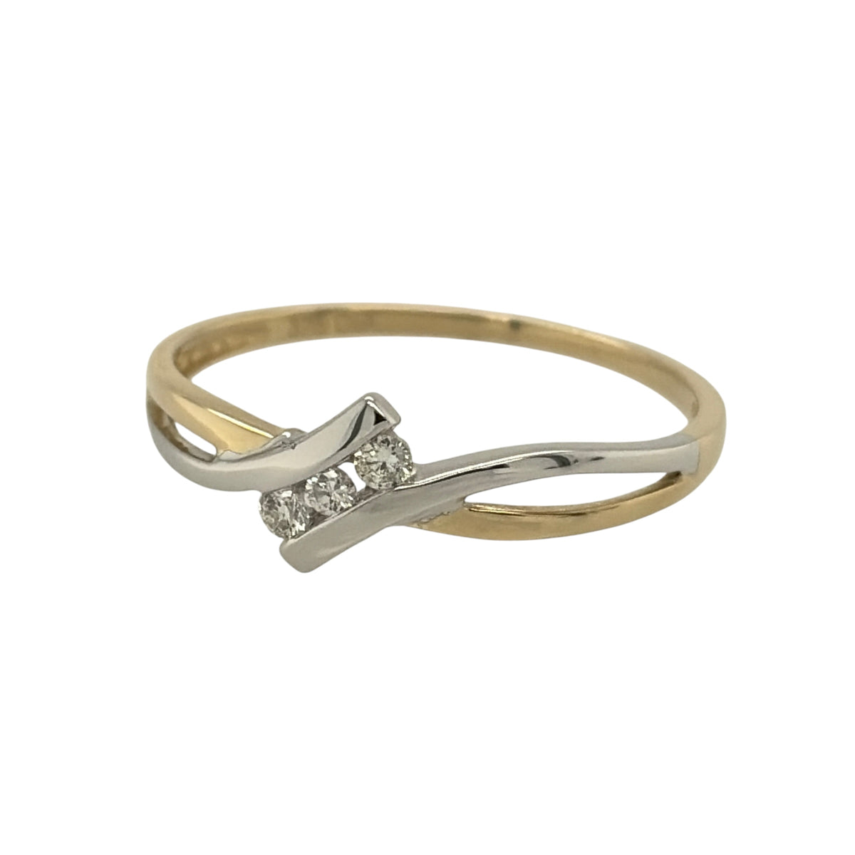 New 9ct Yellow and White Gold &amp; Diamond Crossover Ring in various sizes with the approx weight 1 gram. There is 0.18ct of diamond content in the ring has approximate clarity i1 and colour H - I