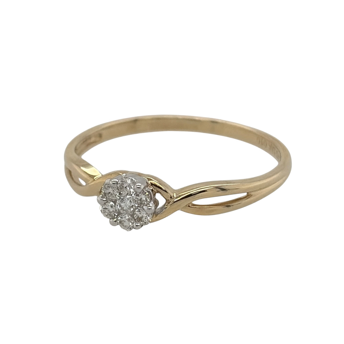 New 9ct Yellow Gold &amp; Diamond Cluster Ring in various sizes with the approx weight 1 gram. There is 0.10ct of diamond content in the ring has approximate clarity i1 and colour H - I