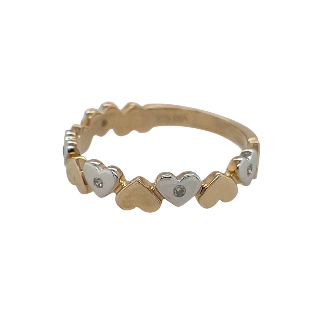 New 9ct Yellow and White Gold &amp; Diamond Heart Band Ring in various sizes with the approx weight 2 grams. There is 0.15ct of diamond content in the ring has approximate clarity i2-i3 and colour H - I