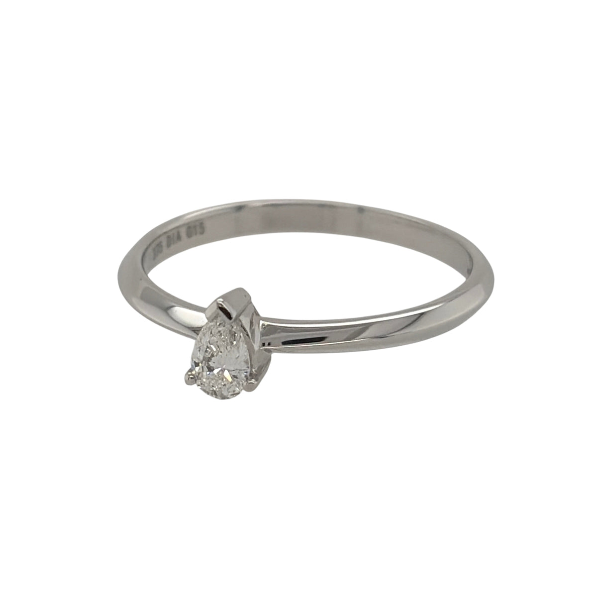 New 9ct White Gold &amp; Diamond Pear Cut Solitaire Ring in various sizes with the approx weight 1.50 grams. There is 0.15ct of diamond content in the ring has approximate clarity i1 and colour H - I