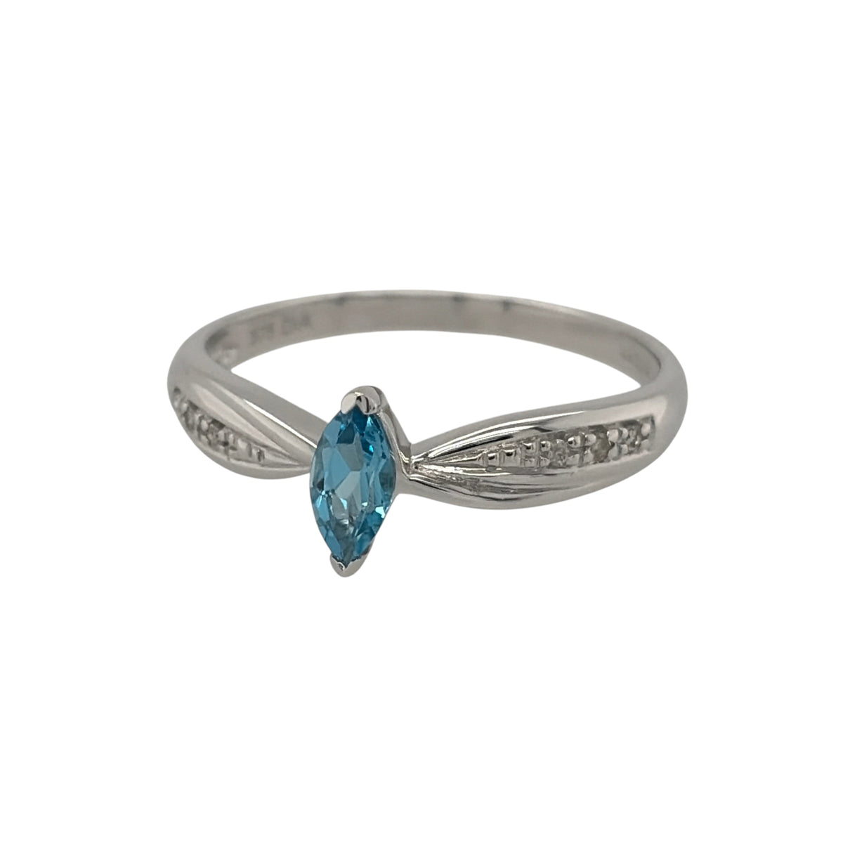 New 9ct White Gold Diamond &amp; Blue Topaz Ring in various sizes with the approx weight 1.80 grams. There is approximatley 0.10ct of diamond content in the ring has approximate clarity i2-i3 and colour H - I. The marquise cut blue topaz stone is 6mm by 3mm