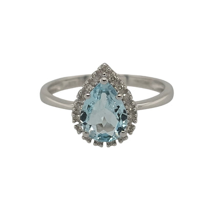 9ct White Gold Diamond & Blue Topaz Teardrop Ring