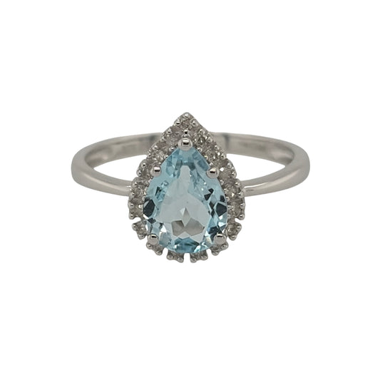 9ct White Gold Diamond & Blue Topaz Teardrop Ring