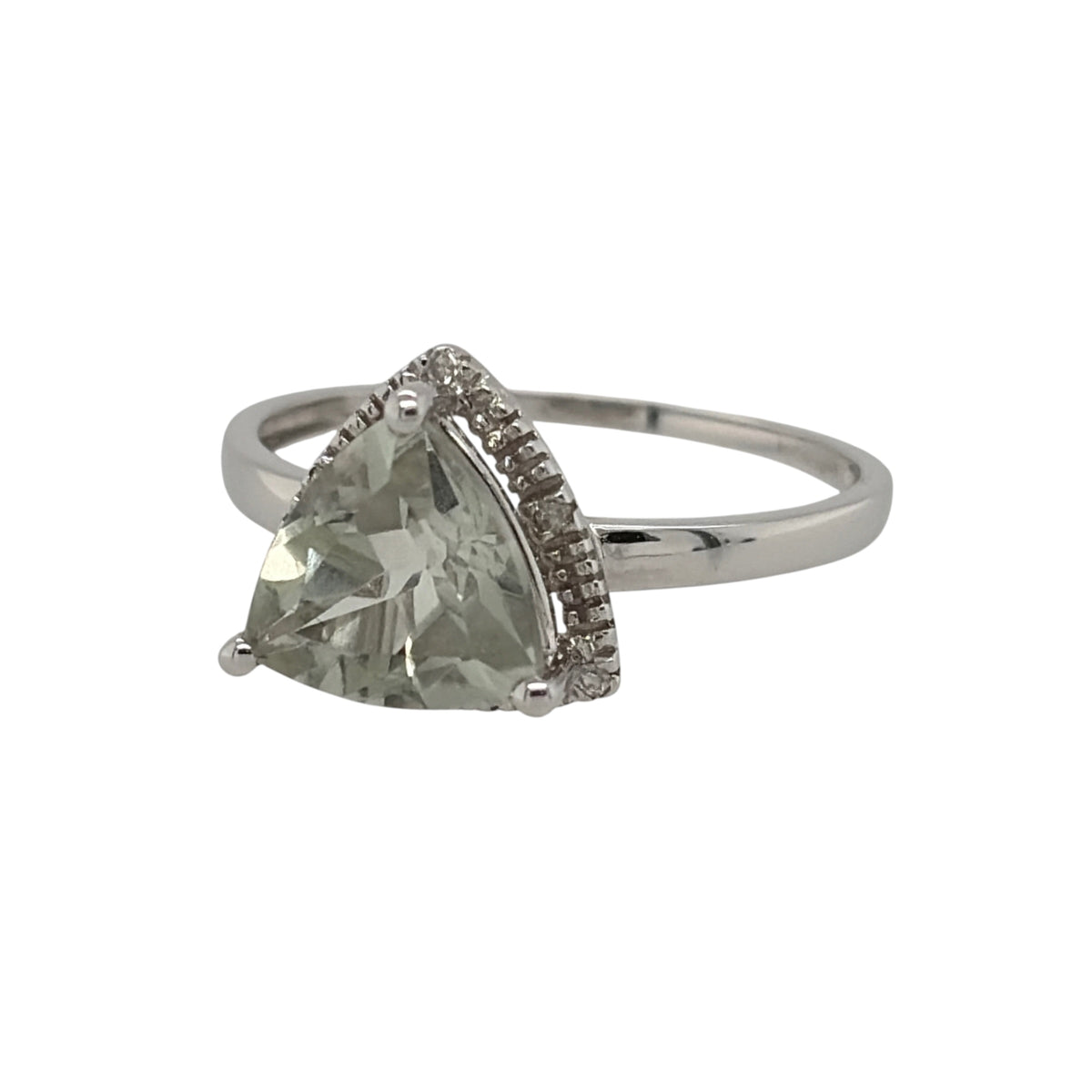 New 9ct White Gold Diamond &amp; Green Amethyst Ring in various sizes with the approx weight 2 grams. There is approximatley 0.04ct of diamond content in the ring has approximate clarity i2-i3 and colour H - I. The triangle green amethyst stone is 8mm by 8mm by 8mm