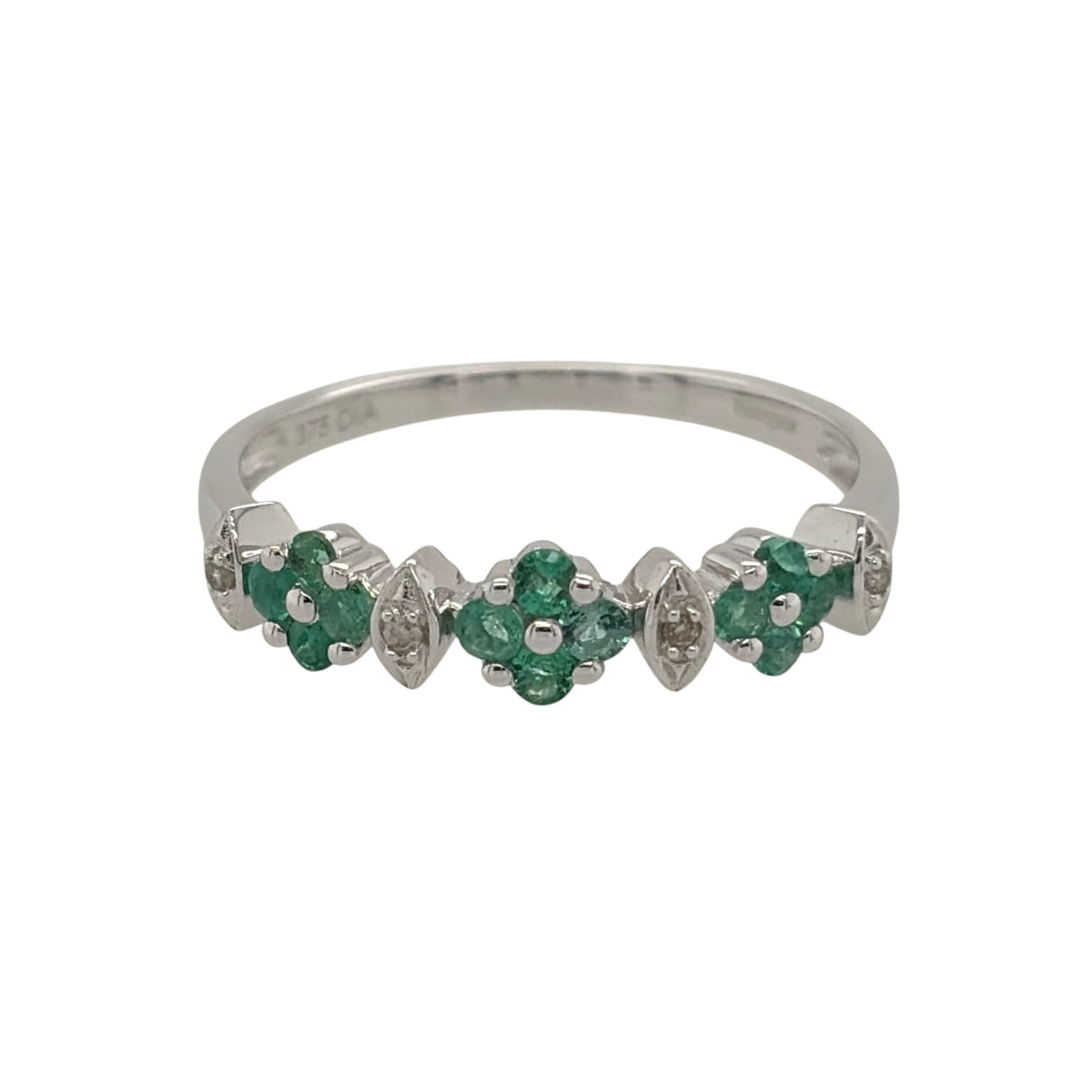 9ct White Gold Diamond & Emerald Flower Band Ring