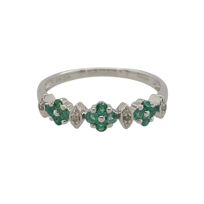 9ct White Gold Diamond & Emerald Flower Band Ring