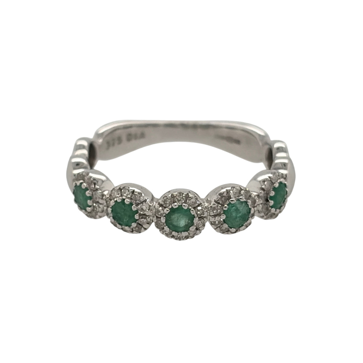 9ct White Gold Diamond & Emerald Flower Band Ring
