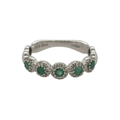 9ct White Gold Diamond & Emerald Flower Band Ring
