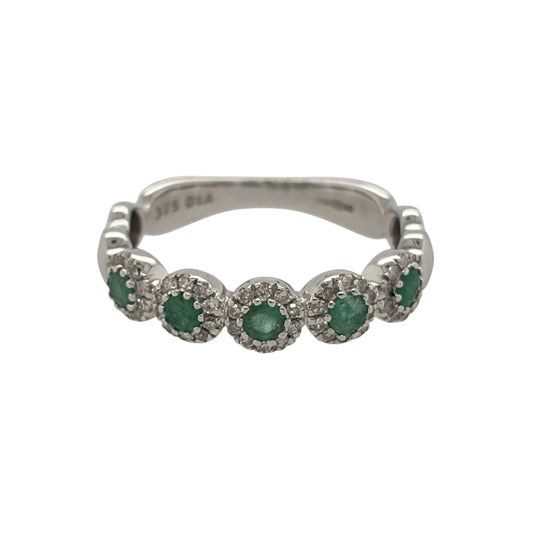 9ct White Gold Diamond & Emerald Flower Band Ring