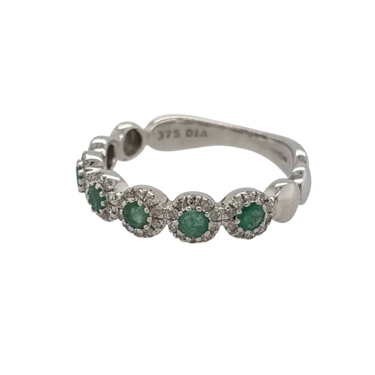 New 9ct White Gold Diamond &amp; Emerald Flower Band Ring in various sizes with the approx weight 2.40 grams. There is approximatley 0.20ct of diamond content in the ring has approximate clarity i2-i3 and colour H - I