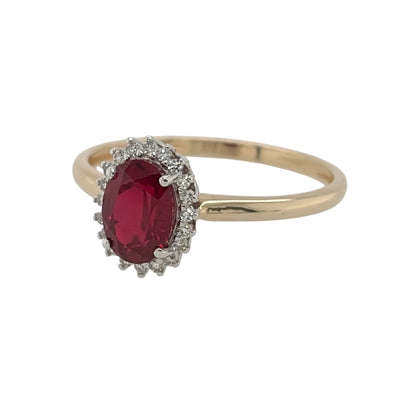 New 9ct Gold Lab Grown Diamond &amp; Lab Grown Ruby Oval Cluster Ring in various sizes with the approx weight 1.45 grams. There is approximatley 0.14ct of lab grown diamond content in the ring has approximate clarity i2 and colour J. The lab grown oval ruby is 7mm by 5mm