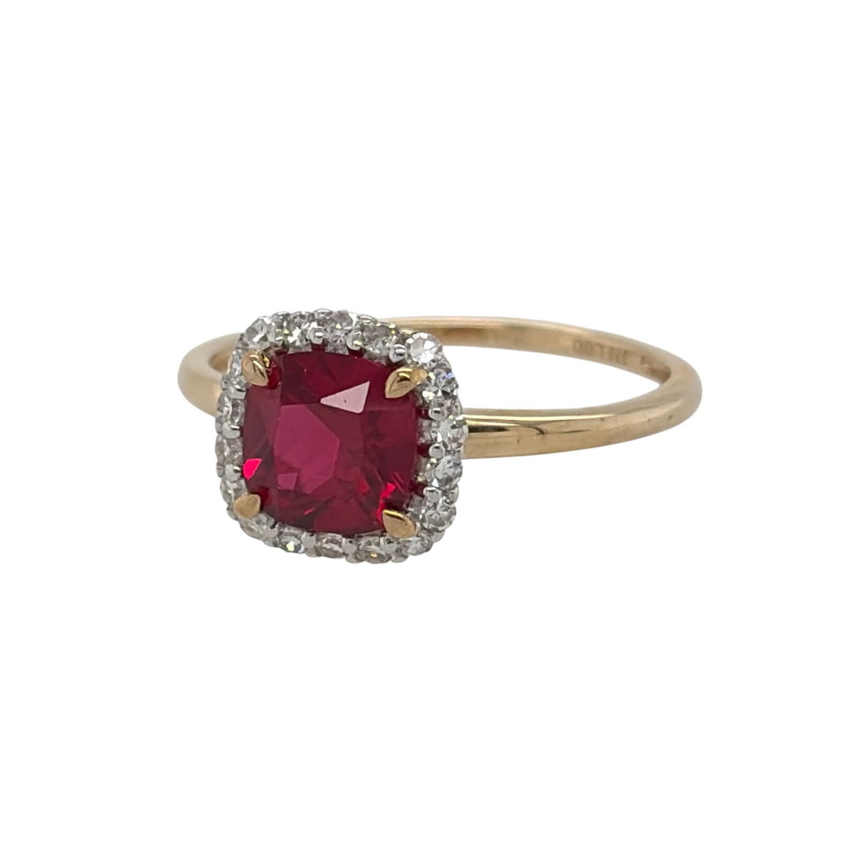 New 9ct Gold Lab Grown Diamond &amp; Lab Grown Ruby Cushion Cut Cluster Ring in various sizes with the approx weight 1.70 grams. There is approximatley 0.16ct of lab grown diamond content in the ring has approximate clarity i2 and colour J. The lab grown ruby cushion cut stone is 6mm by 6mm