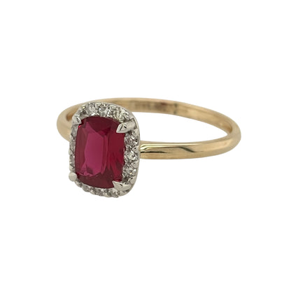 New 9ct Gold Lab Grown Diamond &amp; Lab Grown Ruby Elongated Cushion Cluster Ring in various sizes with the approx weight 1.60 grams. There is approximatley 0.11ct of lab grown diamond content in the ring has approximate clarity i2 and colour J. The elongated cushion lab grown ruby stone is 7mm by 5mm