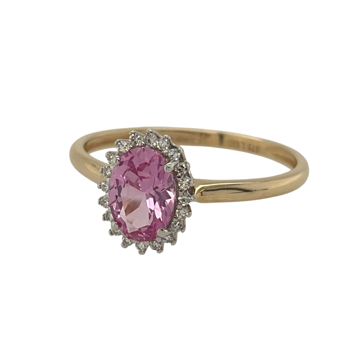 New 9ct Gold Lab Grown Diamond &amp; Lab Grown Pink Sapphire Oval Cluster Ring in various sizes with the approx weight 1.45 grams. There is approximatley 0.14ct of lab grown diamond content in the ring has approximate clarity i2 and colour J. The lab grown oval pink sapphire is 7mm by 5mm