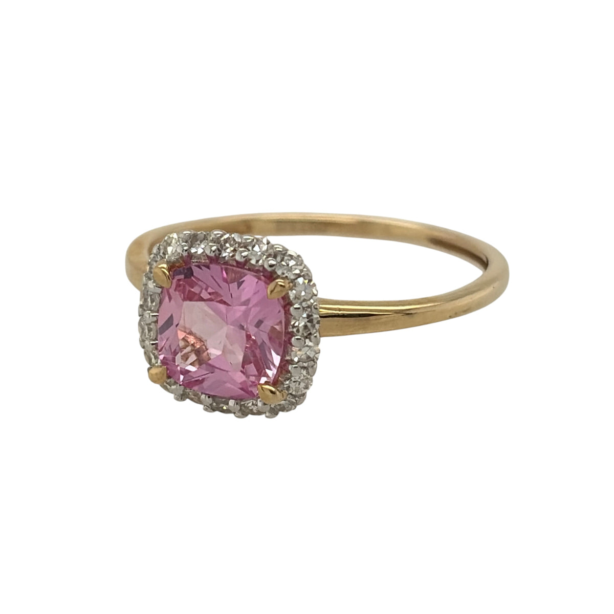 New 9ct Gold Lab Grown Diamond &amp; Lab Grown Pink Sapphire Cushion Cut Cluster Ring in various sizes with the approx weight 1.70 grams. There is approximatley 0.16ct of lab grown diamond content in the ring has approximate clarity i2 and colour J. The lab grown pink sapphire cushion cut stone is 6mm by 6mm