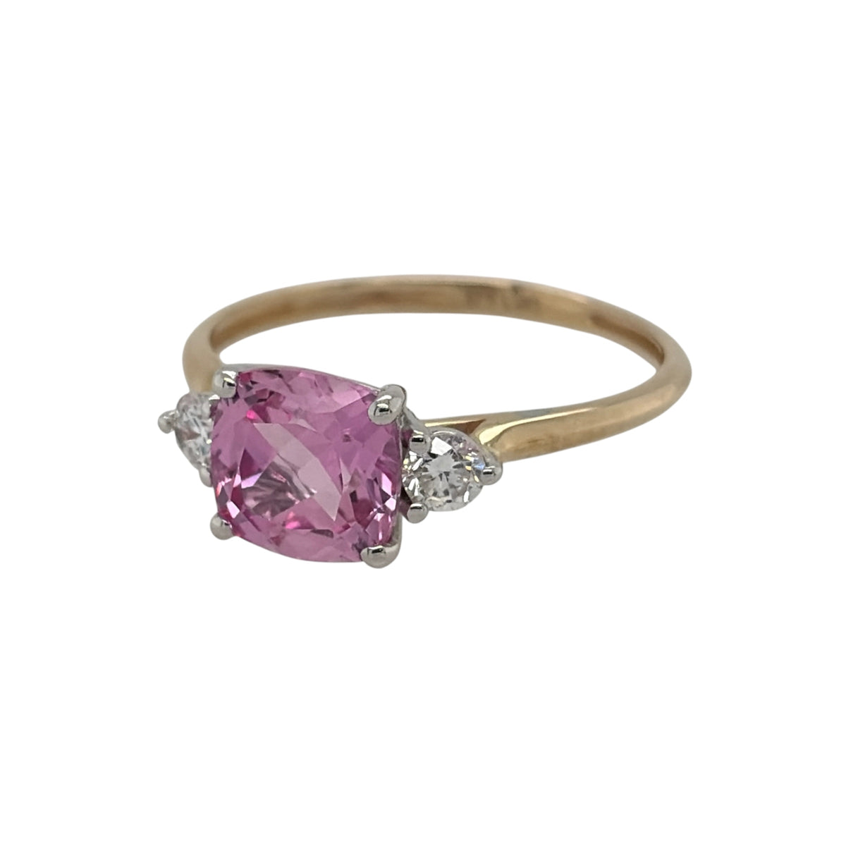 New 9ct Gold Lab Grown Diamond &amp; Lab Grown Pink Sapphire Elongated Cushion Cluster Ring in various sizes with the approx weight 1.70 grams. There is approximatley 0.16ct of lab grown diamond content in the ring has approximate clarity i2 and colour J. The cushion lab grown pink sapphire stone is 7mm by 7mm