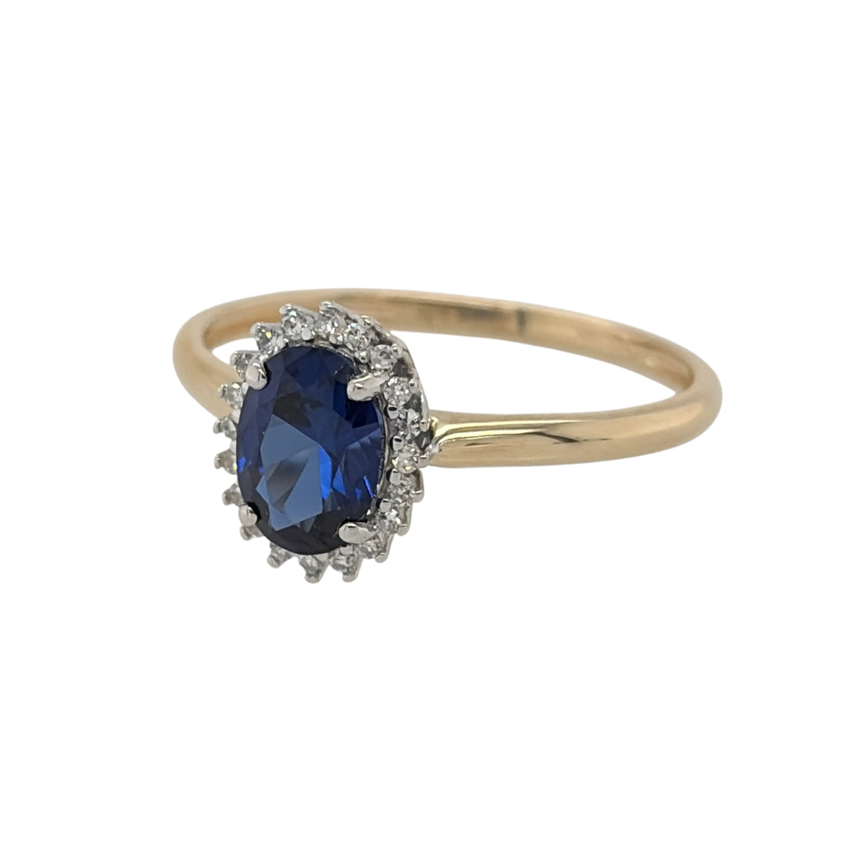 New 9ct Gold Lab Grown Diamond &amp; Lab Grown Sapphire Oval Cluster Ring in various sizes with the approx weight 1.45 grams. There is approximatley 0.14ct of lab grown diamond content in the ring has approximate clarity i2 and colour J. The lab grown oval sapphire is 7mm by 5mm