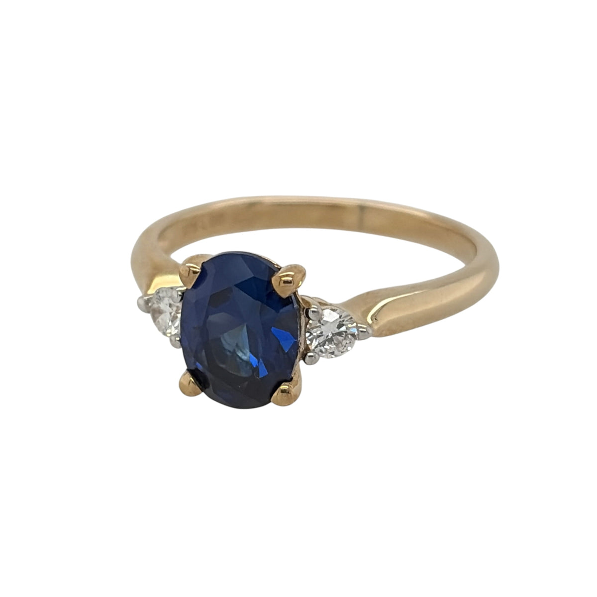 New 9ct Gold Lab Grown Diamond &amp; Lab Grown Sapphire Trilogy Ring in various sizes with the approx weight 2.45 grams. There is approximatley 0.16ct of lab grown diamond content in the ring has approximate clarity i2 and colour J. The oval lab grown sapphire is 8mm by 6mm