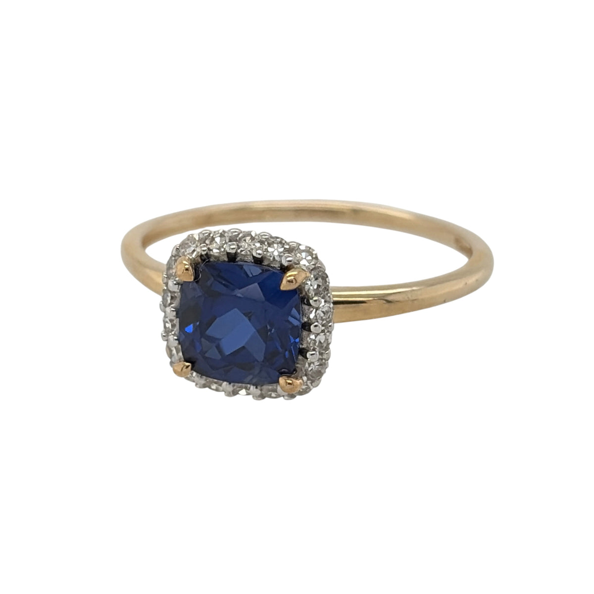 New 9ct Gold Lab Grown Diamond &amp; Lab Grown Sapphire Cushion Cut Cluster Ring in various sizes with the approx weight 1.70 grams. There is approximatley 0.16ct of lab grown diamond content in the ring has approximate clarity i2 and colour J. The lab grown sapphire cushion cut stone is 6mm by 6mm