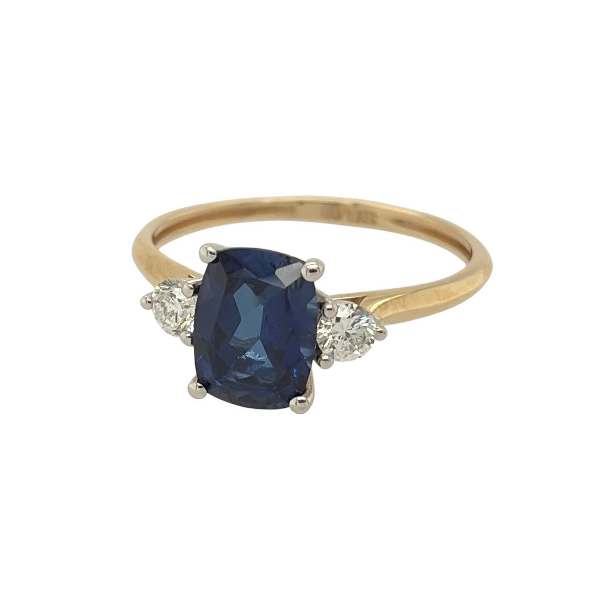 New 9ct Gold Lab Grown Diamond &amp; Lab Grown Sapphire Trilogy Ring in various sizes with the approx weight 1.80 grams. There is approximatley 0.16ct of lab grown diamond content in the ring has approximate clarity i2 and colour J. The elongated cushion lab grown sapphire stone is 8mm by 6mm