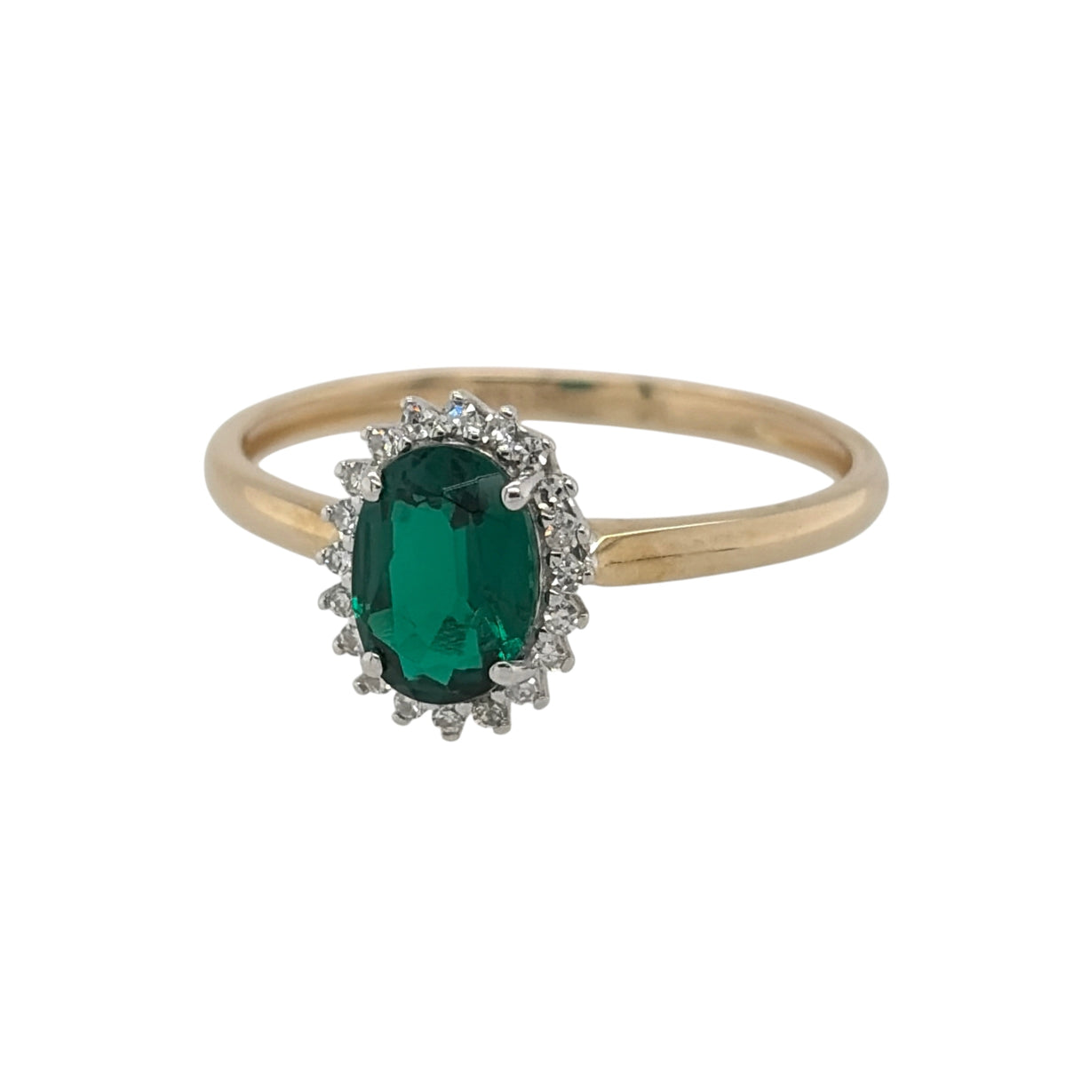 New 9ct Gold Lab Grown Diamond &amp; Lab Grown Emerald Oval Cluster Ring in various sizes with the approx weight 1.45 grams. There is approximatley 0.14ct of lab grown diamond content in the ring has approximate clarity i2 and colour J. The lab grown oval emerald is 7mm by 5mm