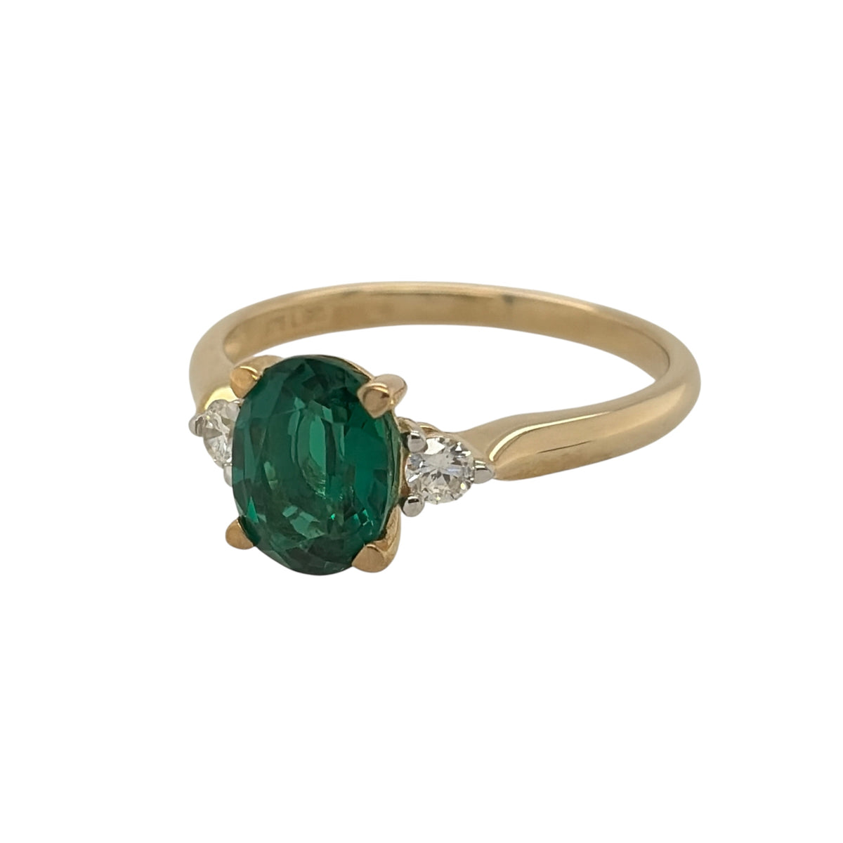 New 9ct Gold Lab Grown Diamond &amp; Lab Grown Emerald Trilogy Ring in various sizes with the approx weight 2.45 grams. There is approximatley 0.16ct of lab grown diamond content in the ring has approximate clarity i2 and colour J. The oval lab grown emerald is 8mm by 6mm