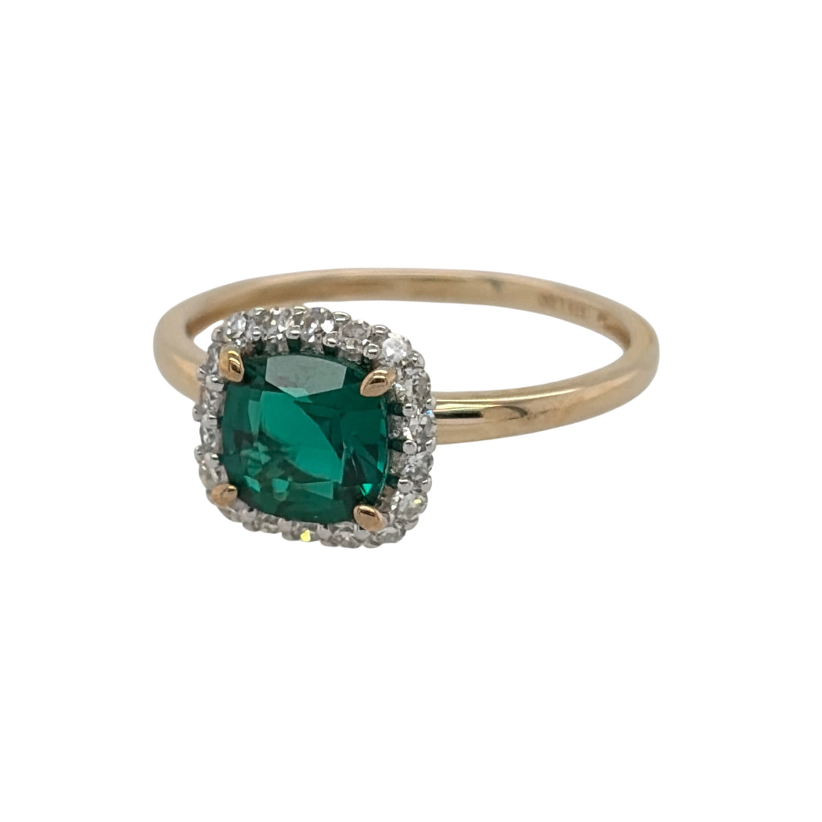 New 9ct Gold Lab Grown Diamond &amp; Lab Grown Emerald Cushion Cut Cluster Ring in various sizes with the approx weight 1.70 grams. There is approximatley 0.16ct of lab grown diamond content in the ring has approximate clarity i2 and colour J. The lab grown emerald cushion cut stone is 6mm by 6mm
