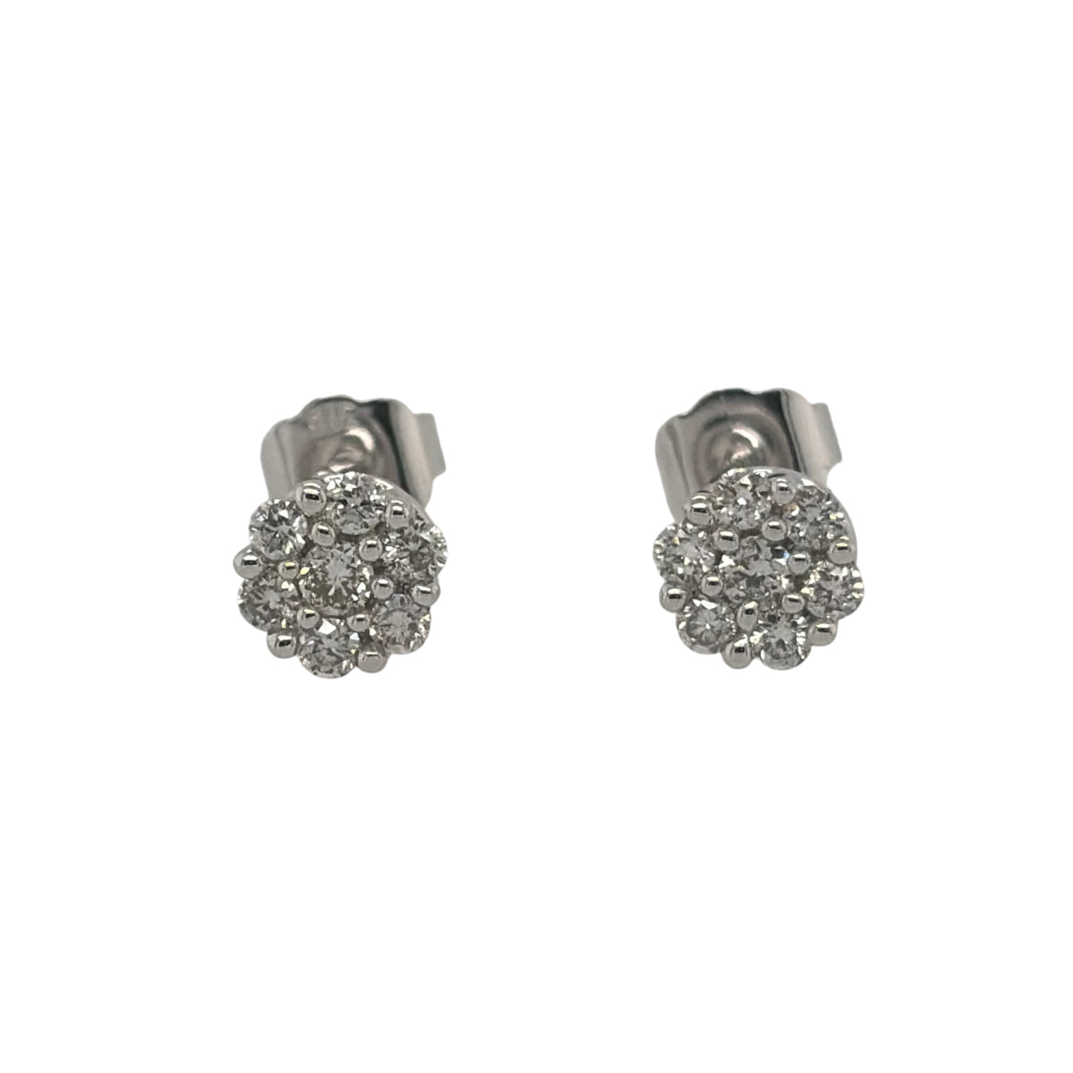 New 9ct White Gold &amp; Diamond Cluster Stud Earrings with the weight 0.80 grams. The studs are 5mm diameter and contains approximatley 0.25ct of diamond content in total