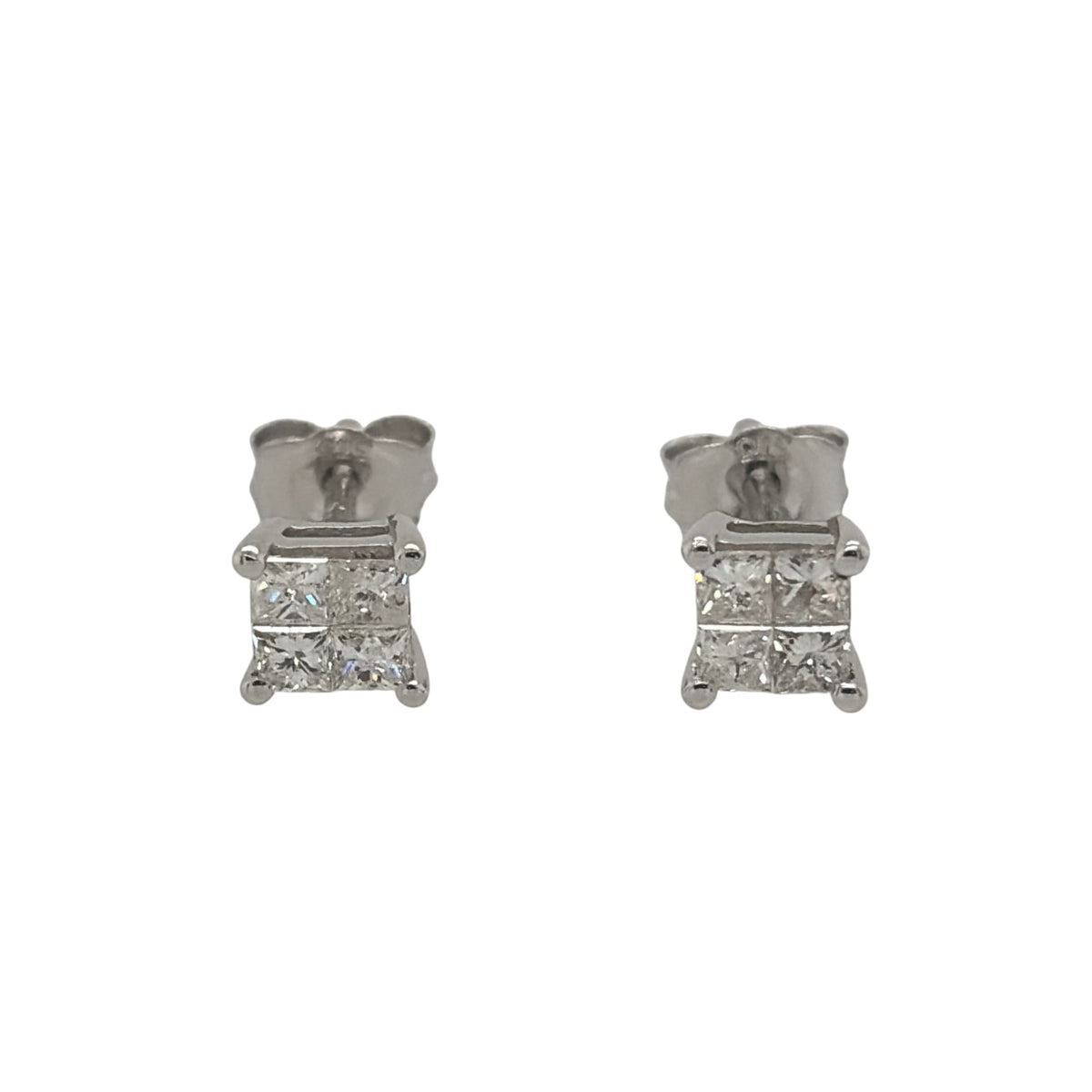 New 9ct White Gold &amp; Diamond illusion set Princess Cut Solitaire Stud Earrings with the weight 0.70 grams. The studs are 5mm by 5mm and contains approximatley 0.33ct of diamond content in total
