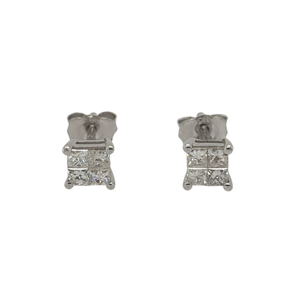 New 9ct White Gold &amp; Diamond illusion set Princess Cut Solitaire Stud Earrings with the weight 0.70 grams. The studs are 5mm by 5mm and contains approximatley 0.33ct of diamond content in total