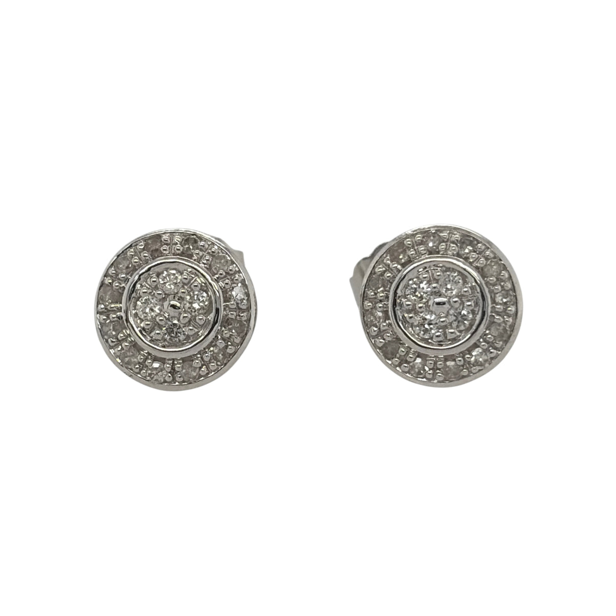 New 9ct White Gold &amp; Diamond Circle Halo Stud Earrings with the weight 1.40 grams. The studs are 8mm diameter contains approximatley 0.22ct of diamond content in total with approximate clarity i2-13 and colour H - I
