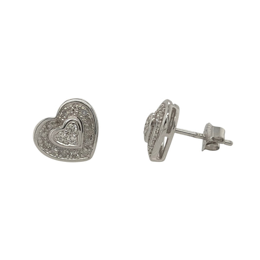 9ct White Gold & Diamond Heart Stud Earrings