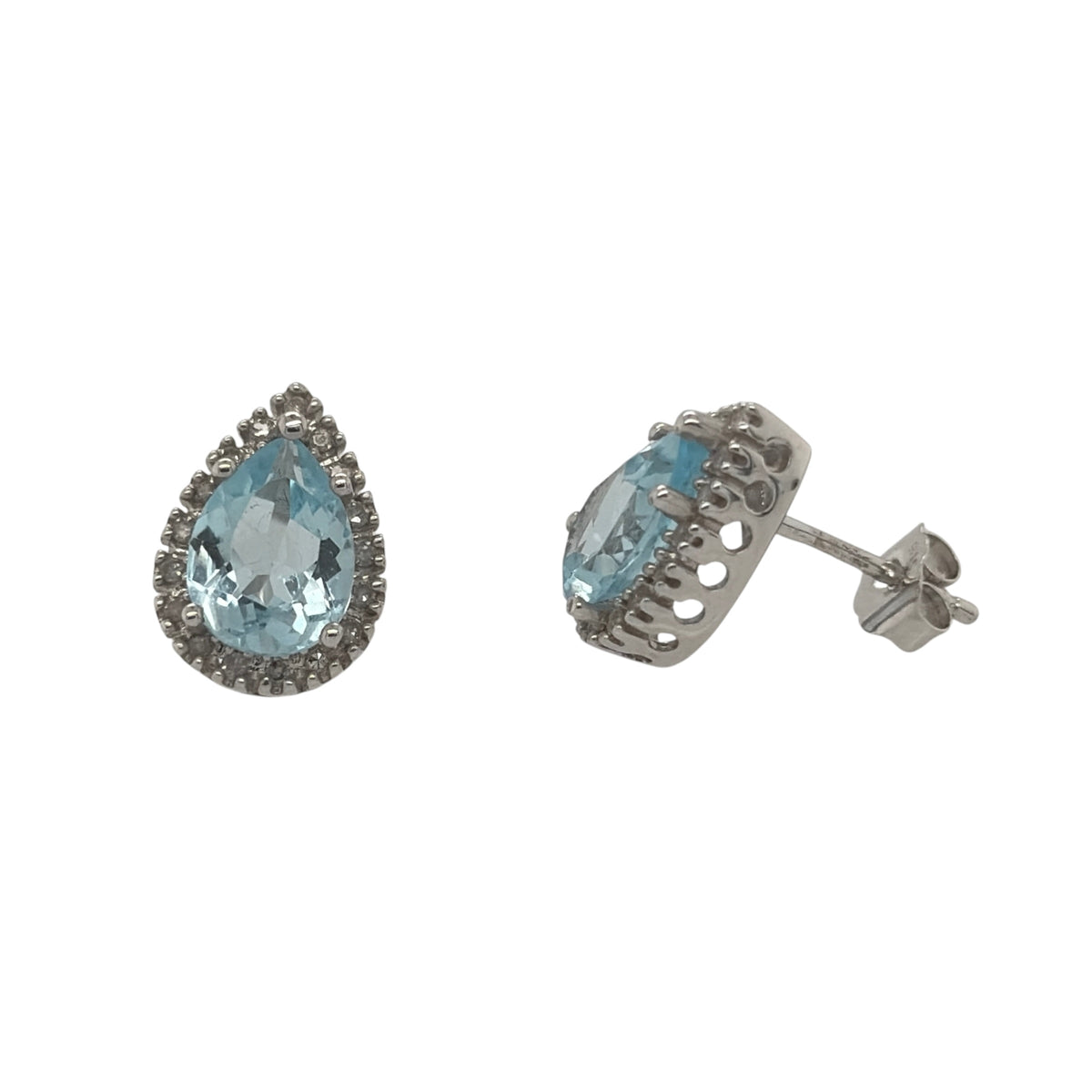 9ct White Gold Diamond & Blue Topaz Cluster Stud Earrings