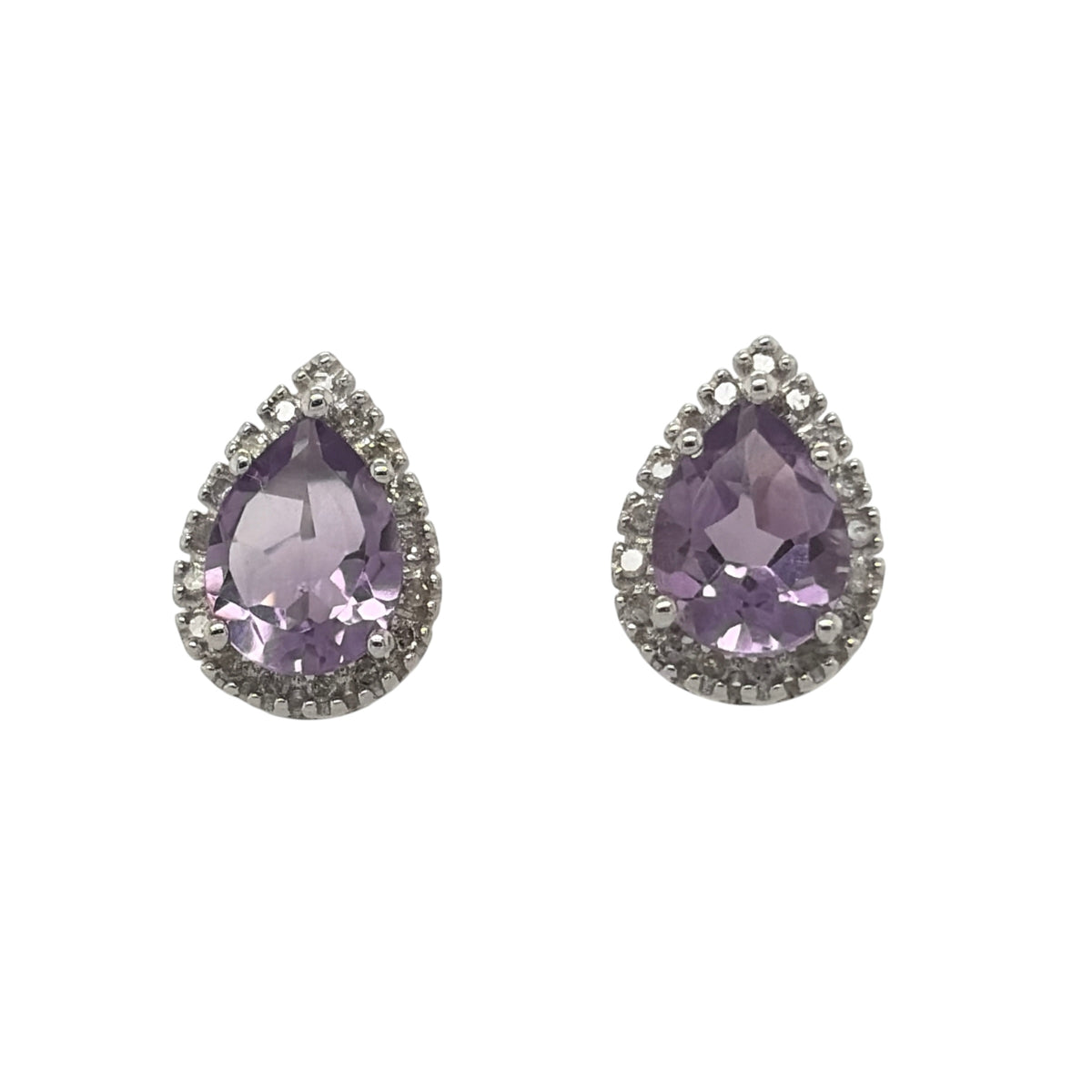 New 9ct White Gold Diamond &amp; Amethyst Cluster Stud Earrings with the weight 2.40 grams. The teardrop topaz stone is 8mm by 6mm and the earrings contain approximatley 0.13ct of diamond content in total with approximate clarity i2-13 and colour H - I