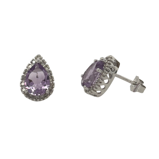9ct White Gold Diamond & Amethyst Cluster Stud Earrings