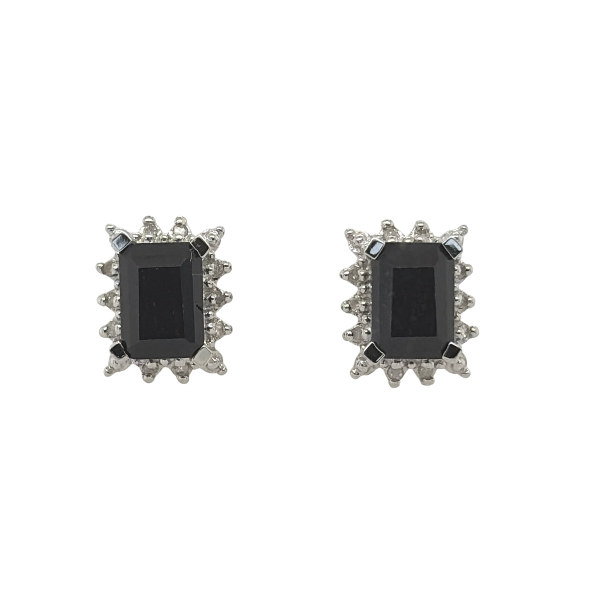 New 9ct Yellow Gold Diamond &amp; Sapphire Cluster Stud Earrings with the weight 2.10 grams. The rectangle sapphire stone is 7mm by 5mm and the earrings contain approximatley 0.08ct of diamond content in total with approximate clarity i2-13 and colour H - I