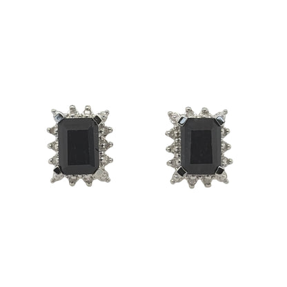 New 9ct Yellow Gold Diamond &amp; Sapphire Cluster Stud Earrings with the weight 2.10 grams. The rectangle sapphire stone is 7mm by 5mm and the earrings contain approximatley 0.08ct of diamond content in total with approximate clarity i2-13 and colour H - I
