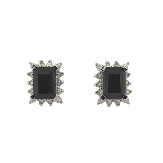 New 9ct Yellow Gold Diamond &amp; Sapphire Cluster Stud Earrings with the weight 2.10 grams. The rectangle sapphire stone is 7mm by 5mm and the earrings contain approximatley 0.08ct of diamond content in total with approximate clarity i2-13 and colour H - I