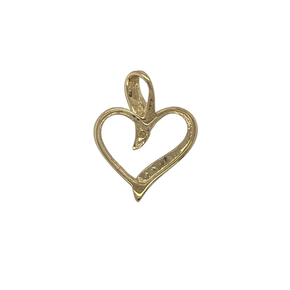 New 9ct Yellow Gold &amp; Diamond Open Heart Pendant with the weight 1.10 grams. The pendant is 15mm by 13mm including the bail. The pendant contains approximatley 0.01ct of diamond content in total with approximate clarity i2-13 and colour H - I