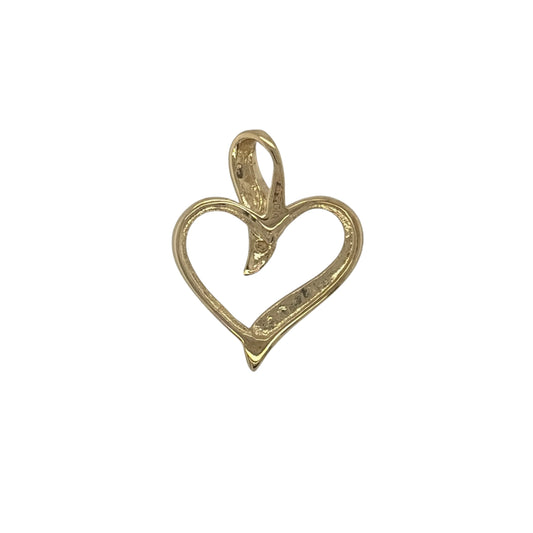 New 9ct Yellow Gold &amp; Diamond Open Heart Pendant with the weight 1.10 grams. The pendant is 15mm by 13mm including the bail. The pendant contains approximatley 0.01ct of diamond content in total with approximate clarity i2-13 and colour H - I