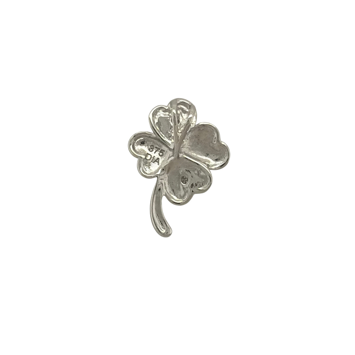 New 9ct White Gold &amp; Diamond Four Leaf Clover Pendant with the weight 1.10 grams. The pendant is 13mm by 9mm including the bail. The pendant contains approximatley 0.01ct of diamond content in total with approximate clarity i2-13 and colour H - I