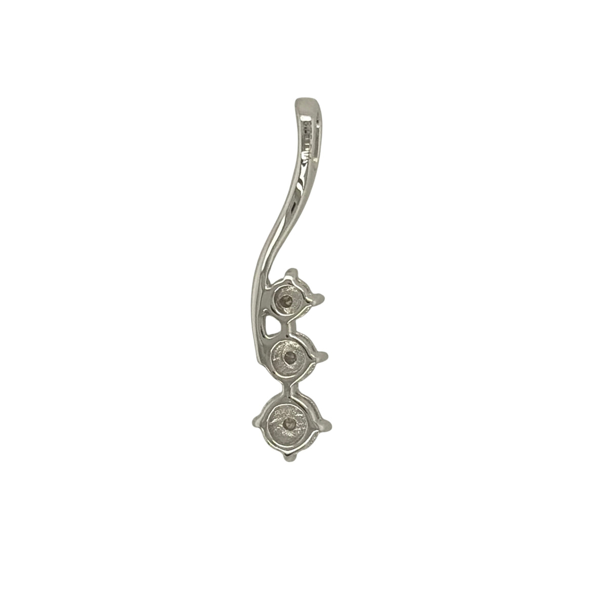 New 9ct White Gold &amp; Diamond Trilogy Pendant with the weight 1.20 grams. The pendant is 20mm by 5mm including the bail. The pendant contains approximatley 0.02ct of diamond content in total with approximate clarity i2-13 and colour H - I