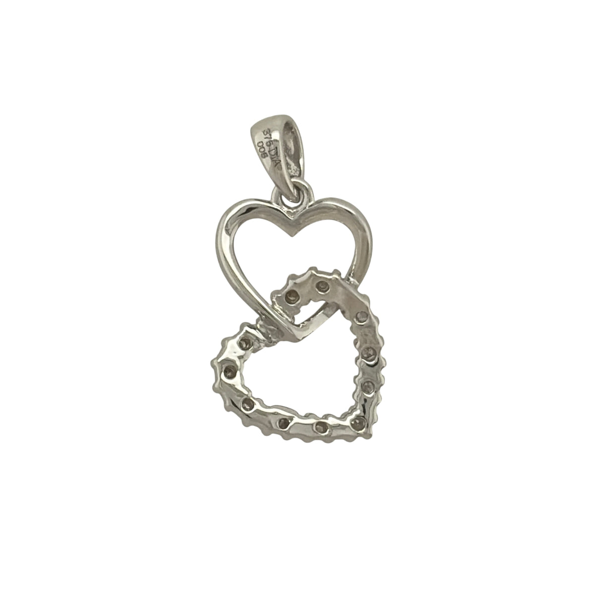 New 9ct White Gold &amp; Diamond Double Heart Pendant with the weight 1.50 grams. The pendant is 21mm by 10mm including the bail. The pendant contains approximatley 0.05ct of diamond content in total with approximate clarity i2-13 and colour H - I