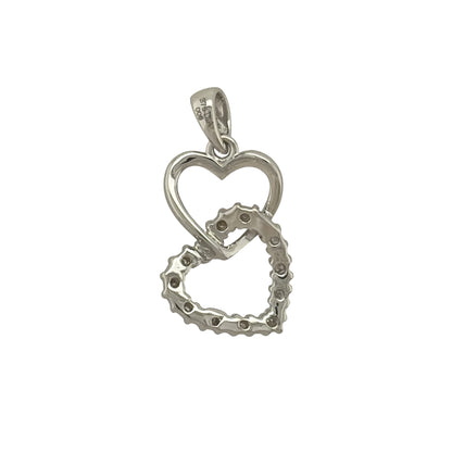 New 9ct White Gold &amp; Diamond Double Heart Pendant with the weight 1.50 grams. The pendant is 21mm by 10mm including the bail. The pendant contains approximatley 0.05ct of diamond content in total with approximate clarity i2-13 and colour H - I