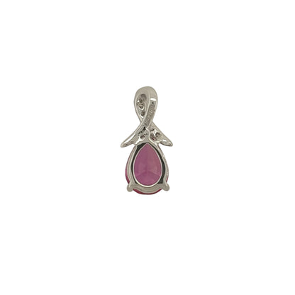 New 9ct White Gold Diamond &amp; Created Pink Sapphire Pendant with the weight 1.20 grams. The pendant is 13mm by 6mm including the bail. The pendant contains approximatley 0.02ct of diamond content in total with approximate clarity i2-13 and colour H - I. The created pink sapphire teardrop stone is 7mm by 5mm