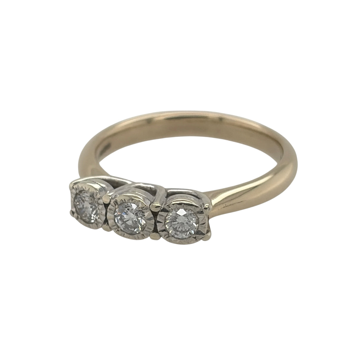 This pre-owned 9ct yellow gold diamond trilogy ring is a timeless design, featuring three diamonds set together across the front of the ring.

Design: Featuring a classic trilogy design, this ring has three diamonds arranged across the front and finished in warm 9ct yellow gold.
Material: Made from 9-carat yellow gold.
Gemstone Detail: Set with three diamonds with approximately 0.30ct of diamond content in total.
Ring Detail: Classic three stone trilogy setting designed to showcase the diamonds.