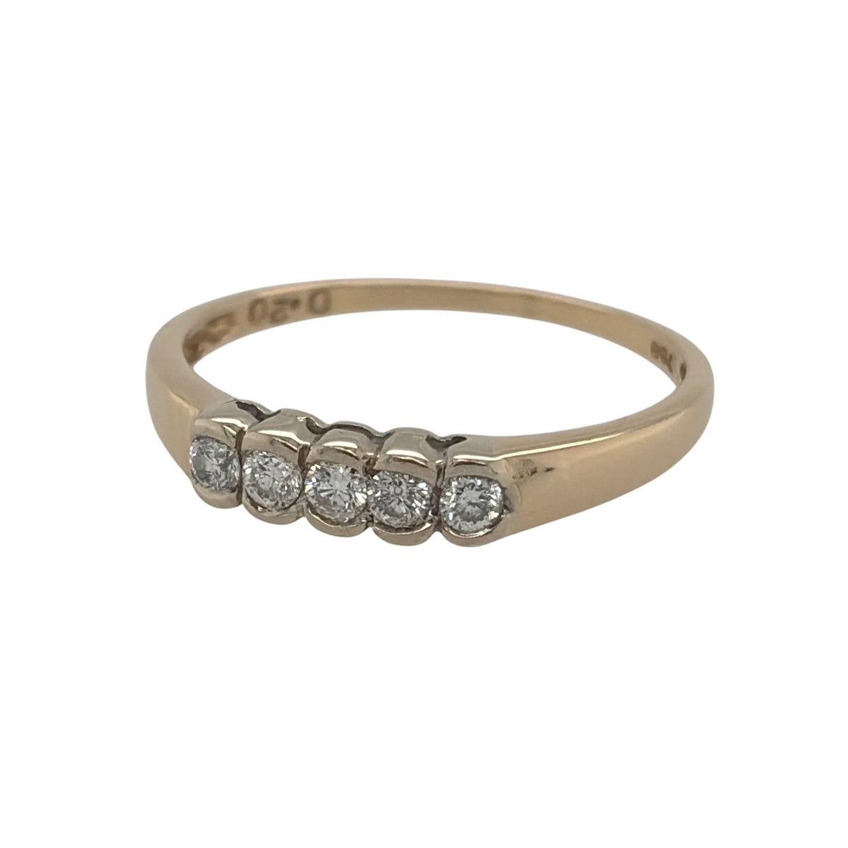 This pre-owned 18ct yellow gold diamond five stone band ring is a classic design, featuring five diamonds set across the front of the band.

Design: Featuring a traditional five stone design, this ring has five diamonds arranged across the front and finished in warm 18ct yellow gold.
Material: Made from 18-carat yellow gold.
Gemstone Detail: Set with five diamonds with approximately 0.20ct of diamond content in total.
Ring Detail: The front of the band measures approximately 3.5mm wide.