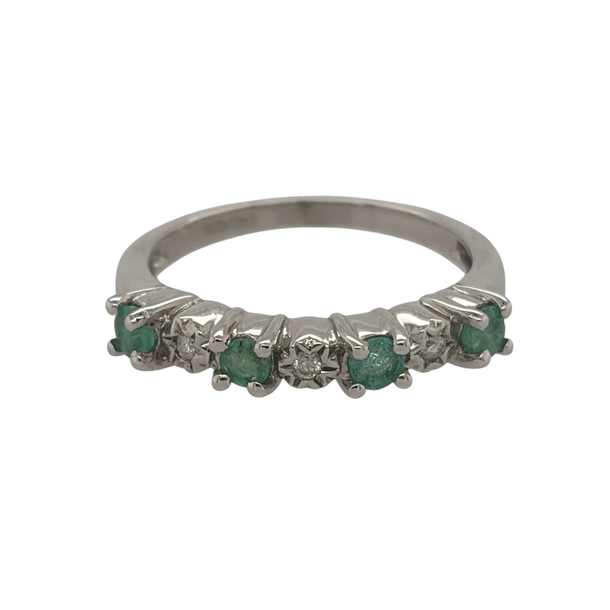 9ct White Gold Diamond & Emerald Band Ring