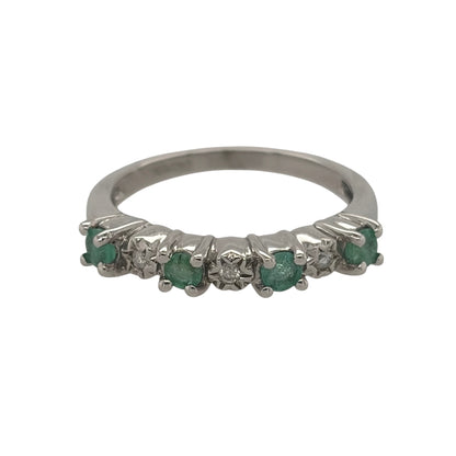 9ct White Gold Diamond & Emerald Band Ring
